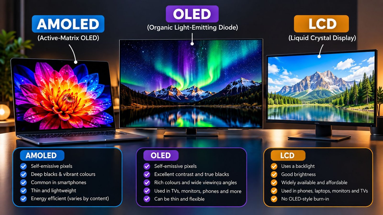 AMOLED vs OLED vs LCD comparison showing three smartphone displays with vivid colours, deep blacks and a bright LCD screen